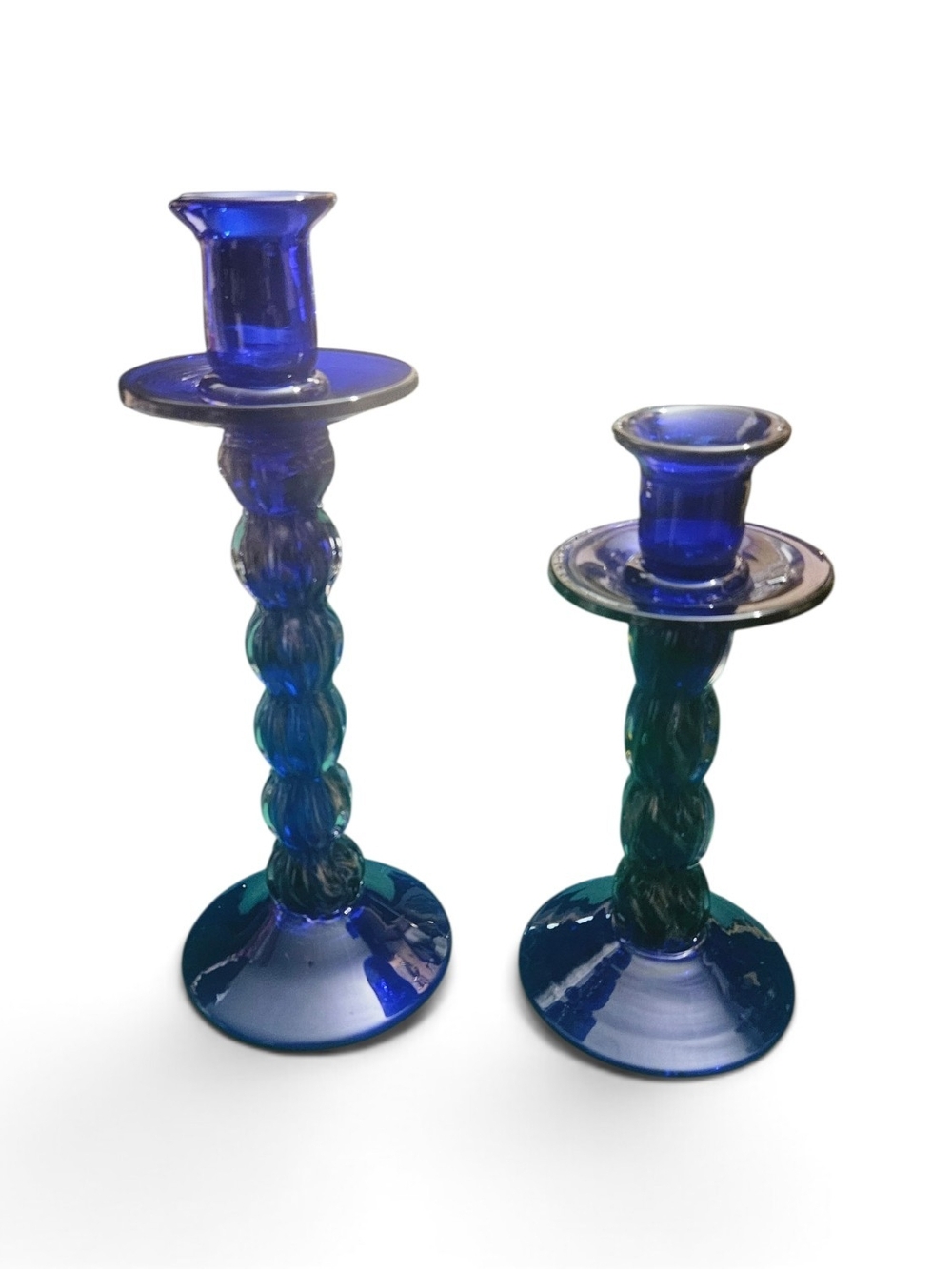 Vintage Cobalt Blue Blown Glass Candlestick Holders Set of 2 Gold Glitter Swirl